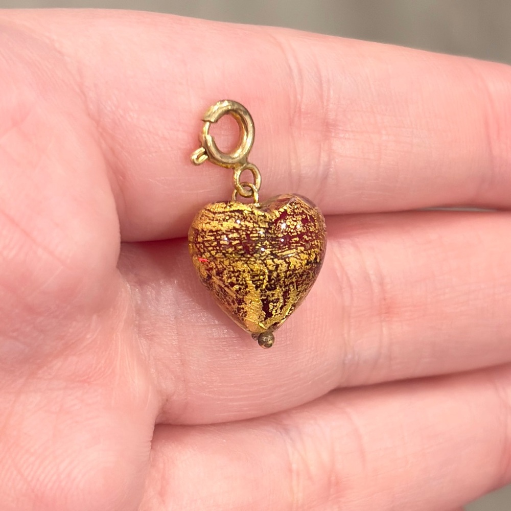14K Murano Glass Heart Charm, Yellow Gold Pendant, Dainty Petite, Red Gold Bead - Picture 5 of 13